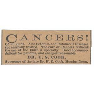 Dr. U.S. Cook Cancer Treatment Moodus Hartford 1886 Newspaper Ad AF7-SS8